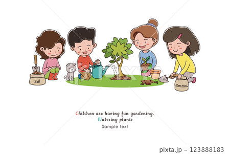 ガーデニングを楽しむ子どもたち 　水をあげる　Watering  plants 123888183