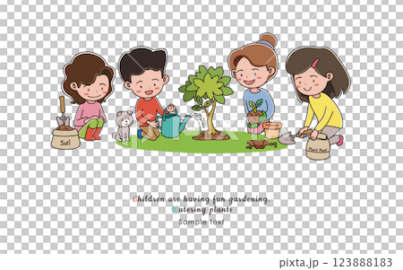 ガーデニングを楽しむ子どもたち 　水をあげる　Watering  plants 123888183