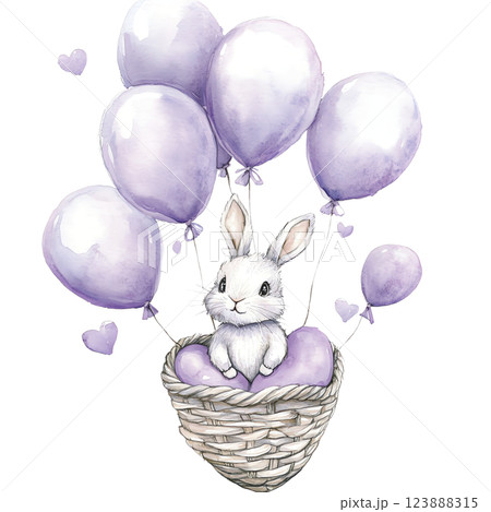 Watercolor illustration of a cute white rabbit sitting in a woven basket.  123888315