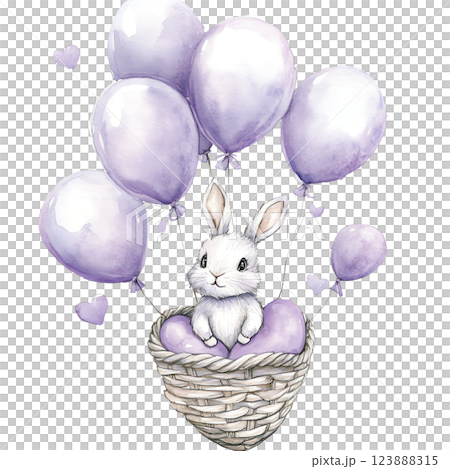 Watercolor illustration of a cute white rabbit sitting in a woven basket.  123888315