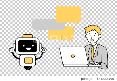 Vector illustration of a male office worker working with AI, office worker, robot, chatbot Vector illustration of a male office worker working with AI, office worker, robot, chatbot 123888390