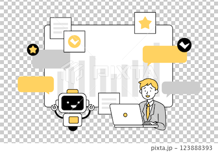 Vector illustration of a male office worker working with AI, office worker, robot, chatbot 123888393