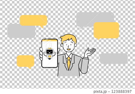 一位男性上班族在智慧型手機上使用人工智慧的向量插圖 Salaryman Simple Chatbot 123888397
