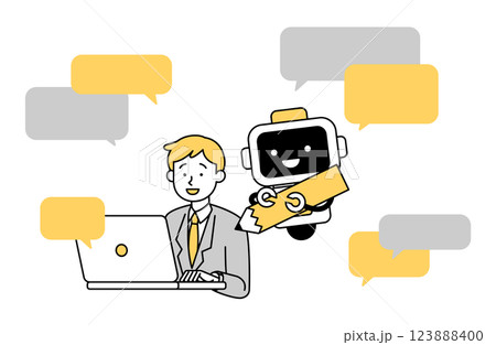 生成AIと仕事をする男性会社員のベクターイラスト サラリーマン ロボット 吹き出し シンプル 123888400