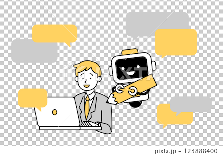 生成AIと仕事をする男性会社員のベクターイラスト サラリーマン ロボット 吹き出し シンプル 123888400
