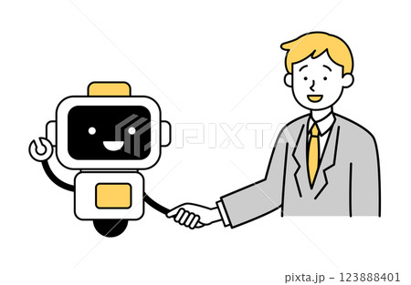 AIボットと握手する男性のイラスト ビジネス ロボット 会社員 サラリーマン シンプル  123888401