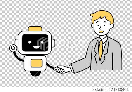 AIボットと握手する男性のイラスト ビジネス ロボット 会社員 サラリーマン シンプル  123888401