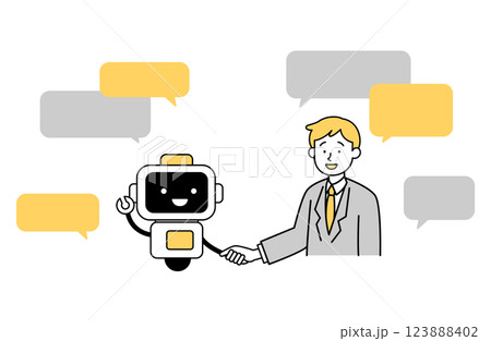 AIボットと会話と握手する男性のイラスト ビジネス ロボット 会社員 サラリーマン シンプル  123888402