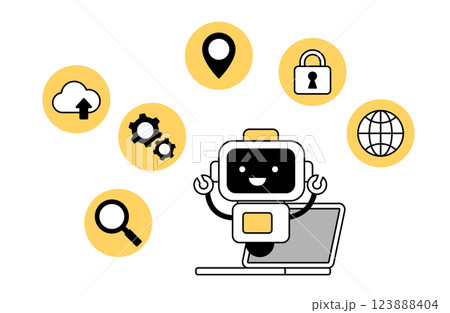 様々な提案をするAIアシスタントのベクターイラスト ロボット シンプル ネット セキュリティー 123888404