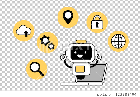 様々な提案をするAIアシスタントのベクターイラスト ロボット シンプル ネット セキュリティー 123888404