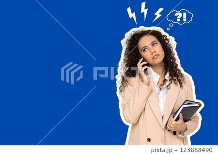 Stress month, tired business lady with a phone and notepads in her hands on a blue background, space for text 123888490