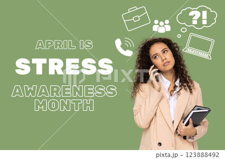 Stress month, tired business lady with a phone and notepads in her hands on a green background, with text Stress month, tired business lady with a phone and notepads in her hands on a green background, with text 123888492