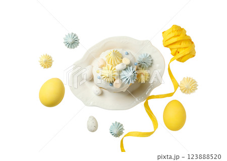 PNG, Easter, Easter bread in a plate with eggs, isolated on a white background 123888520
