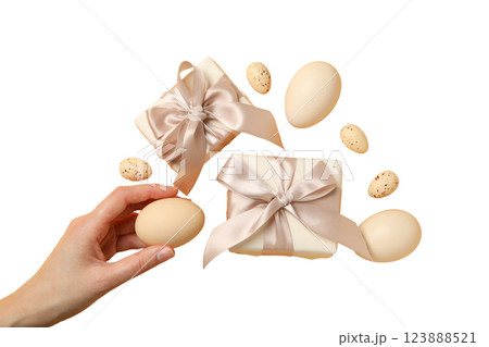 PNG, Easter, eggs and gifts, with hand, isolated on white background 123888521