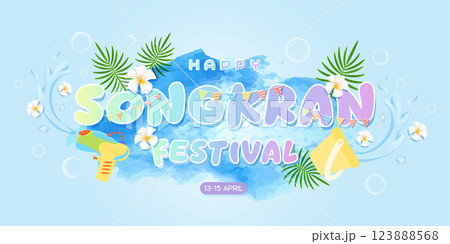 Happy Songkran Festival with Water Activities and Colorful Decorations, vector illustration 123888568
