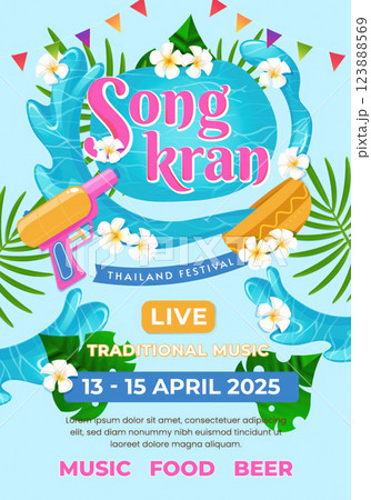 Songkran Festival Celebrations with Traditional Music and Fun Activities, vector illustration 123888569