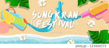 Dynamic Songkran Festival Artwork Featuring Water Guns and Beach Elements, vector illustration Dynamic Songkran Festival Artwork Featuring Water Guns and Beach Elements, vector illustration 123888573
