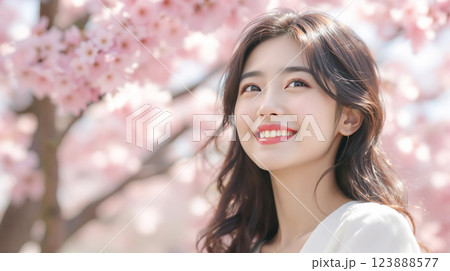 満開の桜の木の下で明るく微笑む若い女性 123888577