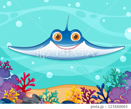 Smiling Ray in Vibrant Coral Reef 123888665