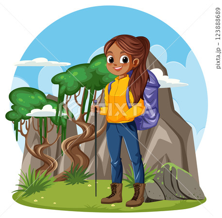 Young Woman Hiking in Nature Landscape Young Woman Hiking in Nature Landscape 123888689