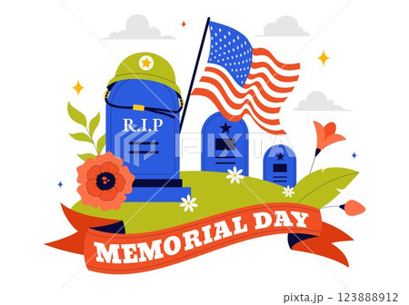 Memorial Day Vector Illustration of Remembering and Honoring Meritorious Soldiers, Featuring the American Flag and Ribbon in a Flat Style Background Memorial Day Vector Illustration of Remembering and Honoring Meritorious Soldiers, Featuring the American Flag and Ribbon in a Flat Style Background 123888912