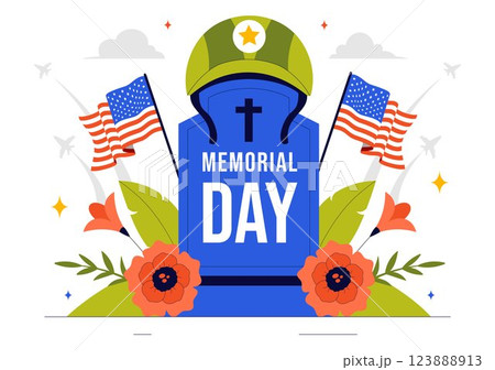 Memorial Day Vector Illustration of Remembering and Honoring Meritorious Soldiers, Featuring the American Flag and Ribbon in a Flat Style Background 123888913