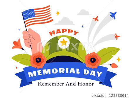 Memorial Day Vector Illustration of Remembering and Honoring Meritorious Soldiers, Featuring the American Flag and Ribbon in a Flat Style Background Memorial Day Vector Illustration of Remembering and Honoring Meritorious Soldiers, Featuring the American Flag and Ribbon in a Flat Style Background 123888914