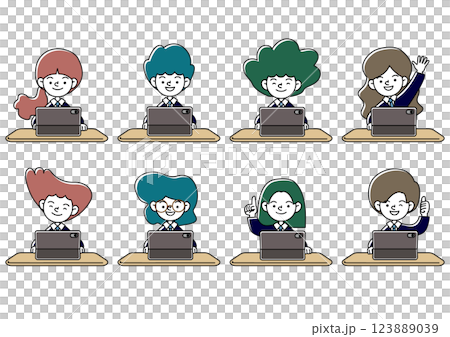 享受平板電腦學習的學生的向量插圖集 123889039