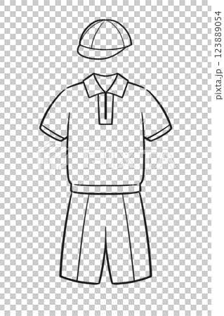 Illustration of gymnastics uniform and red and white hat (line drawing) 123889054