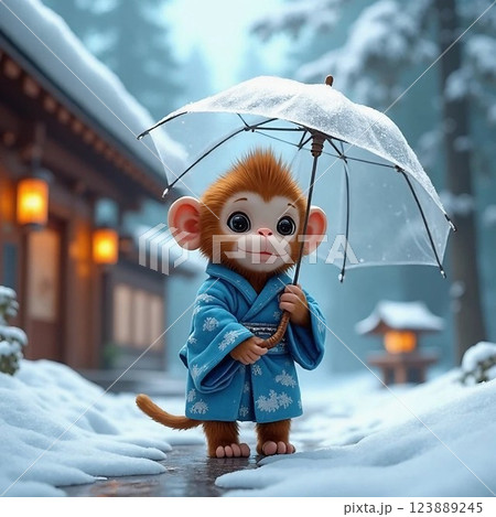 A little monkey in a blue kimono with a sakura pattern holds a transparent umbrella, walking through the snow in front of a beautiful ryokan. 123889245