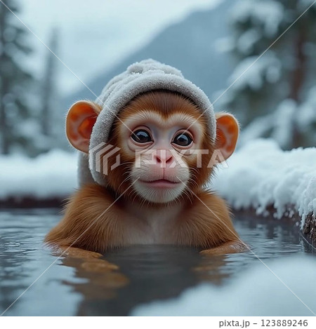 A little monkey relaxes in an open-air onsen, surrounded by falling snow, creating a peaceful and cozy winter atmosphere. 123889246