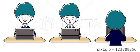 タブレット学習をする人物(制服・スーツ)のいろいろな表情パターンのベクターイラストセット タブレット学習をする人物(制服・スーツ)のいろいろな表情パターンのベクターイラストセット 123889256