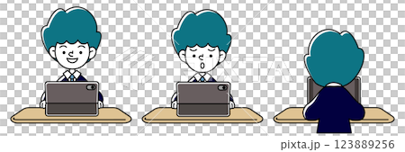 タブレット学習をする人物(制服・スーツ)のいろいろな表情パターンのベクターイラストセット タブレット学習をする人物(制服・スーツ)のいろいろな表情パターンのベクターイラストセット 123889256