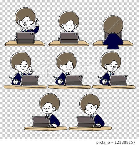 在平板電腦上學習的人（制服和西裝）的各種面部表情模式的向量插圖集 123889257