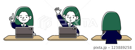 タブレット学習をする人物(制服・スーツ)のいろいろな表情パターンのベクターイラストセット タブレット学習をする人物(制服・スーツ)のいろいろな表情パターンのベクターイラストセット 123889258