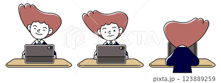 タブレット学習をする人物（制服・スーツ）のいろいろな表情パターンのベクターイラストセット 123889259