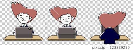タブレット学習をする人物（制服・スーツ）のいろいろな表情パターンのベクターイラストセット 123889259