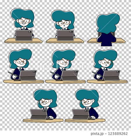 Vector illustration set of various facial expression patterns of people (uniforms and suits) studying on a tablet 123889262