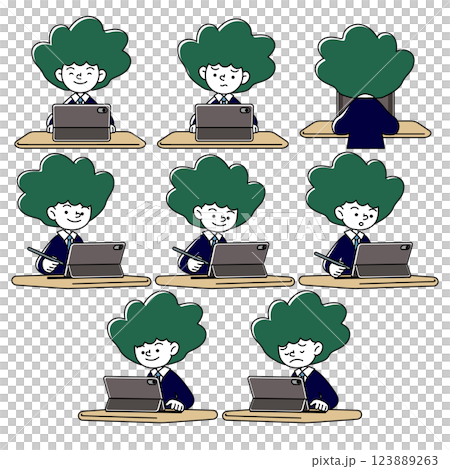 在平板電腦上學習的人（制服和西裝）的各種面部表情模式的向量插圖集 123889263