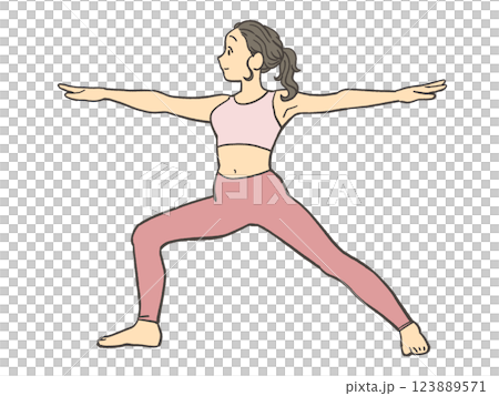 Woman doing yoga warrior pose 123889571