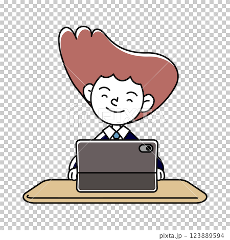 一個微笑的人在平板電腦上學習的向量插圖 123889594