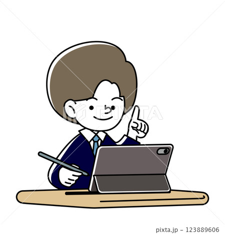 タブレット端末で学習をする笑顔の人物のベクターイラスト 123889606