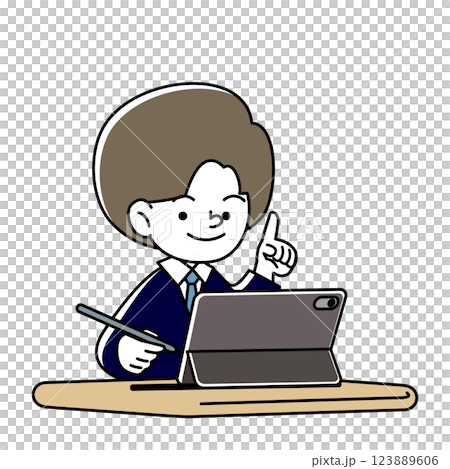 タブレット端末で学習をする笑顔の人物のベクターイラスト 123889606
