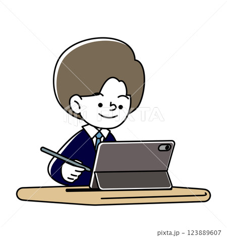 タブレット端末で学習をする笑顔の人物のベクターイラスト 123889607