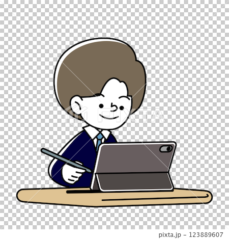 タブレット端末で学習をする笑顔の人物のベクターイラスト 123889607