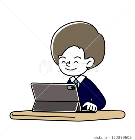 タブレット端末で学習をする笑顔の人物のベクターイラスト 123889608