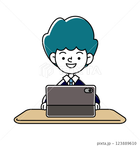 タブレット端末で学習をする笑顔の人物のベクターイラスト 123889610