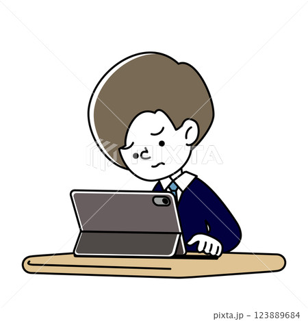 タブレット端末を使い悩む人物のベクターイラスト 123889684