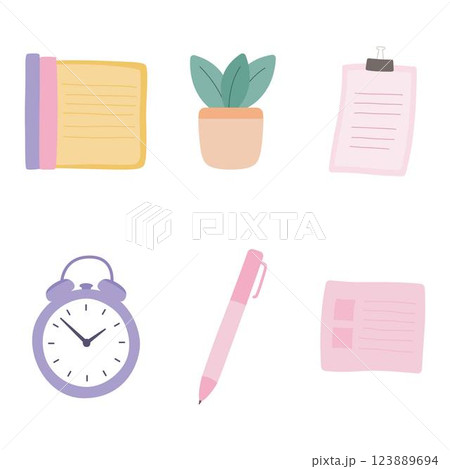 Office Elements Set of Business Stationery Paper Book Clock Pen Plant with Soft Pastel Color 123889694