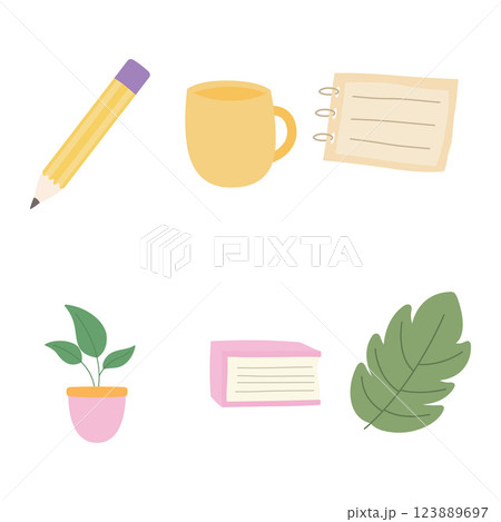 Office Elements Set of Business Stationery Pencil Cup Mug Paper Book Plant with Soft Pastel Color 123889697